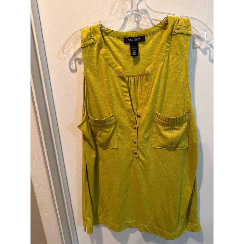 White House Black Market Chartreuse Yellow Sleeveless Henley Top Large Slub Knit